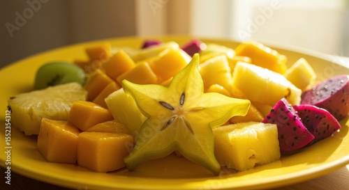 Fresh and Colorful Fruit Plate with Pineapple, Starfruit, Kiwi, Mango, and Dragon Fruit on a Bright Yellow Plate