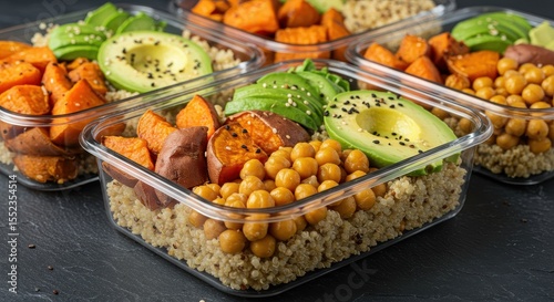 Fresh and Healthy Meal Prep with Quinoa, Sweet Potatoes, Chickpeas, and Avocado in Clear Containers