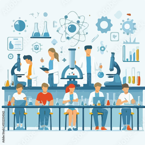 image of students conducting experiments in a school laboratory with a simple and minimalist flat design using a white background