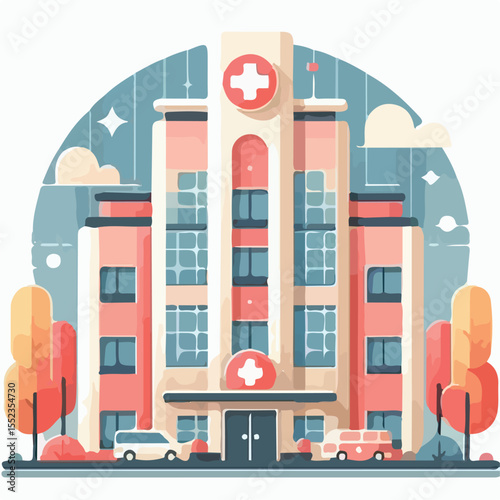 image of a multi-storey hospital building with a simple and minimalist flat design using a white background