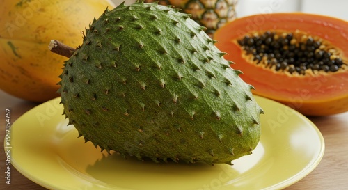 Fresh Green Soursop Fruit with Yellow Plate and Tropical Fruits in Background