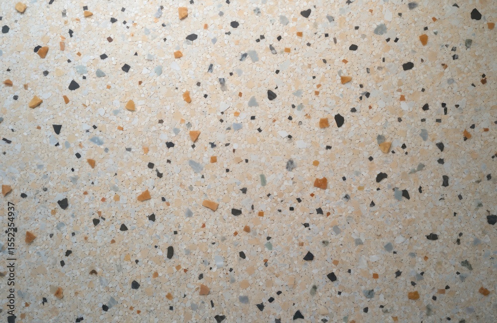 Terrazzo floor texture background. Beige aggregate with black grey orange granite chips. Seamless stone pattern for interior design, architecture. Grunge urban modern style. Terrazzo floor texture background. Beige aggregate with black grey orange granite chips. Seamless stone pattern for interior design, architecture. Grunge urban modern style.