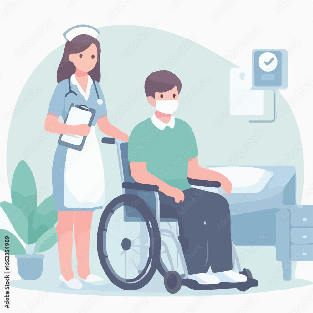 image of a patient sitting in a wheelchair and accompanied by a nurse with a simple and minimalist flat design using a white background image of a patient sitting in a wheelchair and accompanied by a nurse with a simple and minimalist flat design using a white background