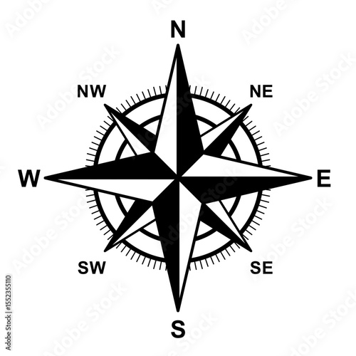 Compass icon, vector. Compass symbol, silhouette. Navigation icon, symbol concept. North, South, West, East indicated with compass arrow. Vector illustration. Isolated on White Background	
