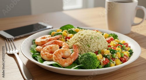 Fresh Shrimp and Vegetable Salad with Couscous on Wooden Table Next to Smartphone and Coffee Cup