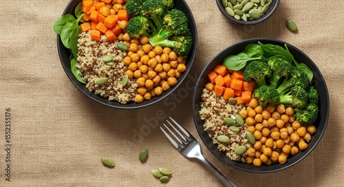 Healthy Vegan Bowl with Chickpeas, Quinoa, Broccoli, Carrots, and Spinach on a Natural Fabric Background