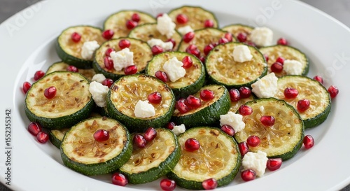 Sliced Zucchini with Pomegranate Seeds and Crumbled Cheese on a White Plate