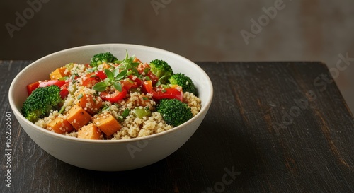 Fresh Vegetable Quinoa Salad with Broccoli, Sweet Potato and Red Pepper in a White Bowl on a Dark Wood Table