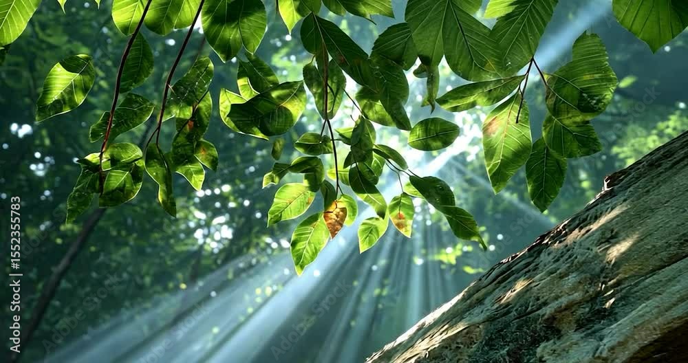 Sunlight streaming through lush green leaves and dense forest creating a serene and atmospheric scene. Focus on light and shadows with a natural backdrop and texture