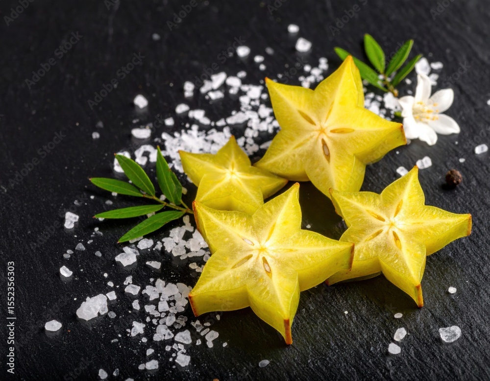 Fototapeta premium Starfruit slices with sea salt and flower