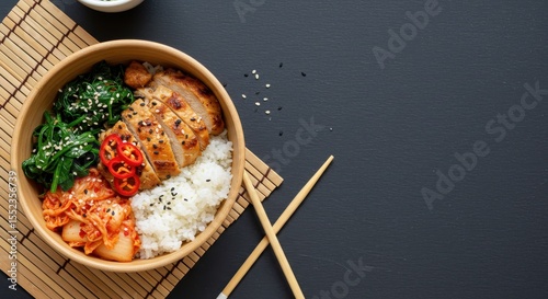 Delicious Asian Cuisine Bowl with Grilled Chicken, Rice, Spinach, Kimchi, Sliced Chili, and Sesame Seeds on Dark Background