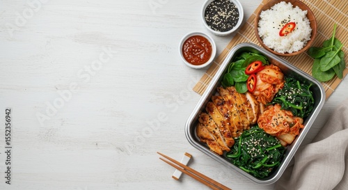 Healthy meal prep with grilled chicken, kimchi, spinach, and rice on a wooden table with sauces and chopsticks