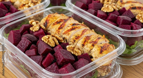 Delicious Meal Prep with Grilled Chicken, Beets, Walnuts, and Fresh Greens in Clear Containers