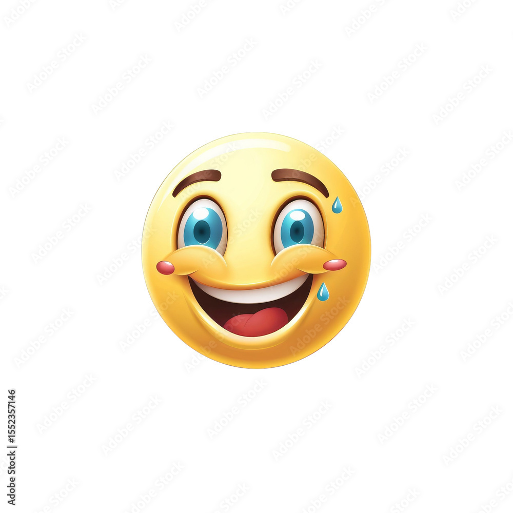Fototapeta premium A cheerful emoji with a broad smile, bright blue eyes, and droplets of sweat, expressing joy mixed with relief.