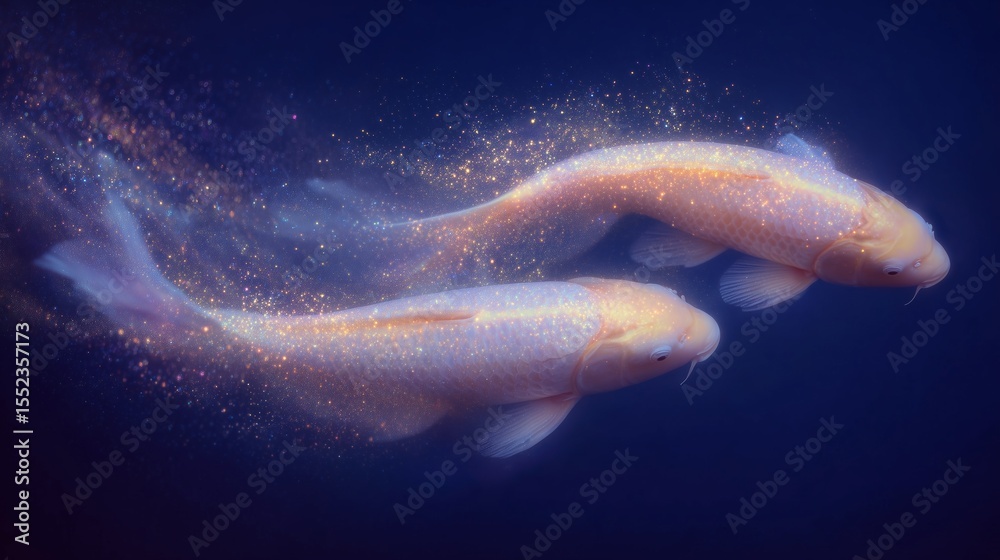Fototapeta premium golden koi fish swimming with glowing dust trail on dark blue background