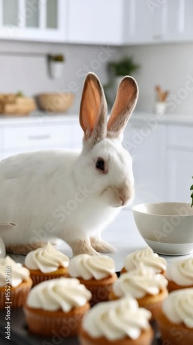 White rabbit near frosted cupcakes on tray in bright modern kitchen setting, showcasing baking and pet animals, with countertop and cabinets.