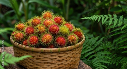 Vibrant and Spiky Rambutan Fruits in a Natural Setting with Lush Green Background and Textured Basket Display
