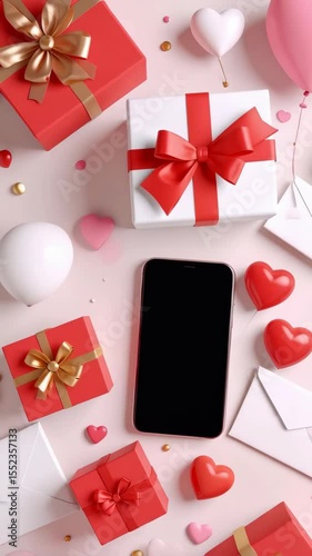 Smartphone with blank screen surrounded by gifts, envelopes, heart balloons and confetti on a pink background.