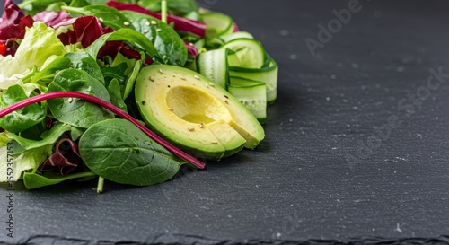 Fresh and Colorful Healthy Salad Ingredients on Slate Surface with Avocado and Leafy Greens
