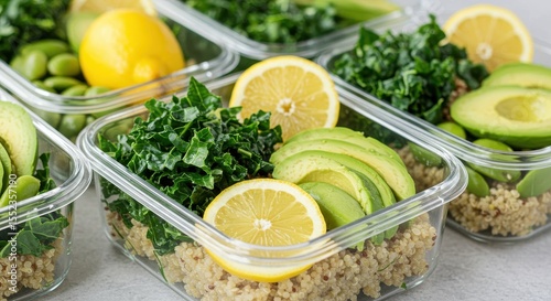 Fresh and Healthy Meal Prep with Quinoa, Avocado, Kale, Lemon, and Green Beans in Clear Containers