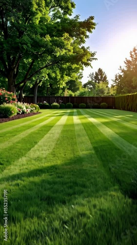 Green Lawn Landscape with Stripes, Wood Fence, and Lush Trees, Garden, Flowers, and Sunlight