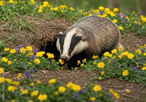 Badger Sniffing Flowers Near Its Burrow in a Vibrant Meadow During Spring Morning
