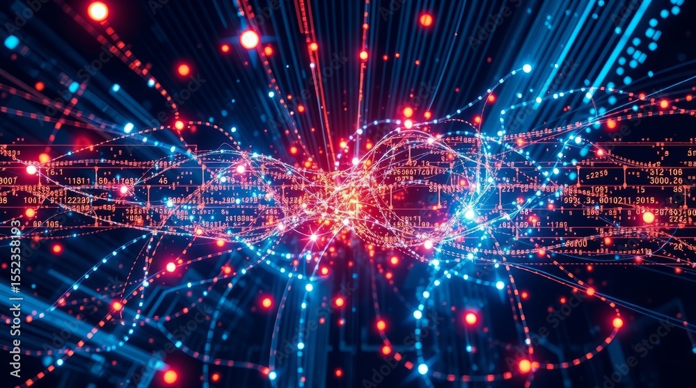 Fototapeta premium Data Stream Burst: An abstract visualization of a massive data stream, exploding outward in a vibrant burst of red and blue light trails and nodes.