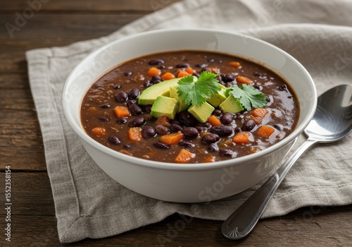 Delicious black bean soup with diced avocado and fresh cilantro in a rustic bowl on a wooden table