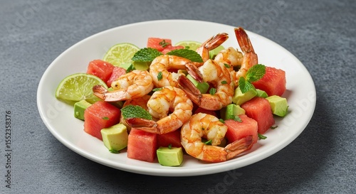 Fresh Shrimp Salad with Watermelon, Avocado, Lime, and Mint on a Grey Background