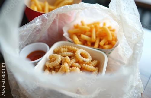 Inside plastic bag to-go containers prepared food. French fries, spiral fries, red sauce in white cups. Fast food order, eatery, restaurant, carry-out. Delivery service.