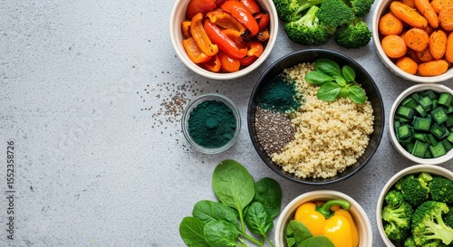 Fresh Vegetables and Healthy Grains for Nutrient-Rich Meal Preparation and Plant-Based Eating Concepts
