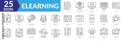 Waste management icon collection set. Containing Send, Knowledge, Elearning, Ebook ,Exam, Book, Upload, Knowledge, Elearning,Elearning