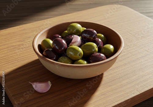 Fresh Green and Black Olives in Wooden Bowl with Garlic Clove on Wooden Surface