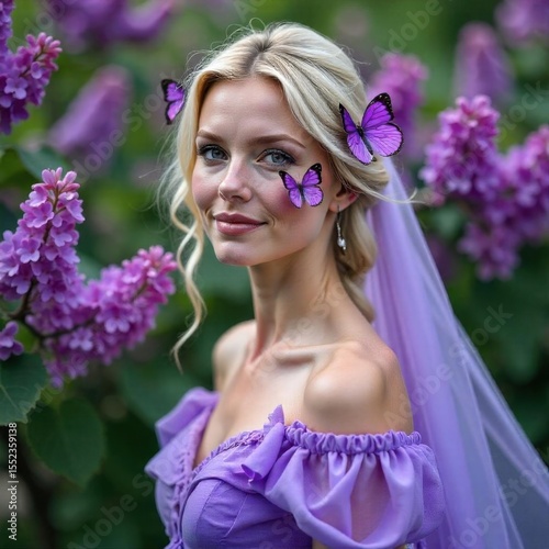 Blonde woman in a purple dress with butterflies on her face, standing among lilac flowers. She has a gentle smile and a sheer purple veil in her hair, blending with the vibrant blooms