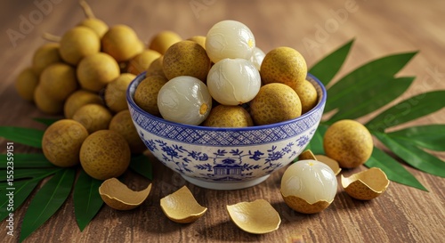 Fresh Longan Fruit in Decorative Bowl Surrounded by Green Leaves on Wooden Table