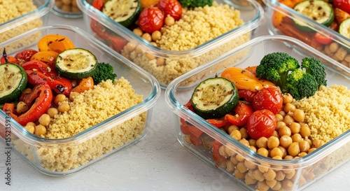 Healthy Meal Prep with Colorful Roasted Vegetables and Couscous in Glass Containers