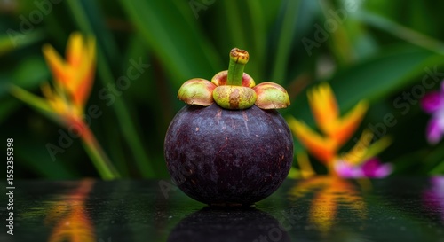 Fresh Mangosteen Fruit on Dark Surface with Vibrant Tropical Background in Soft Focus