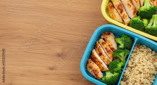 Healthy Meal Prep with Grilled Chicken, Steamed Broccoli, and Quinoa in Colorful Containers on Wooden Surface