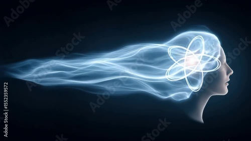A human figure channeling mental power, merging with atomic energy, symbolizing energy control, life balance, the law of attraction, and the act of manifesting.