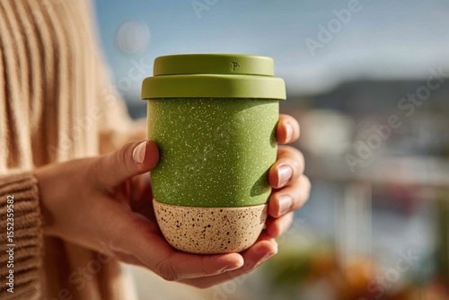 Close-up of hands holding a modern green reusable coffee cup for sustainable lifestyle.
