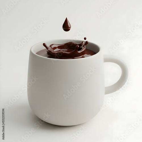 Close-up of a white ceramic mug with hot chocolate splash and a droplet falling into it