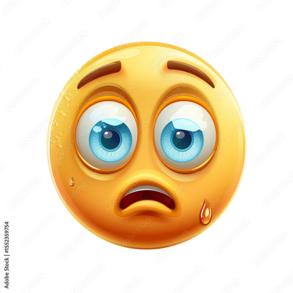 Fototapeta premium A sad emoji with big blue eyes and a single tear, expressing deep sorrow and disappointment.