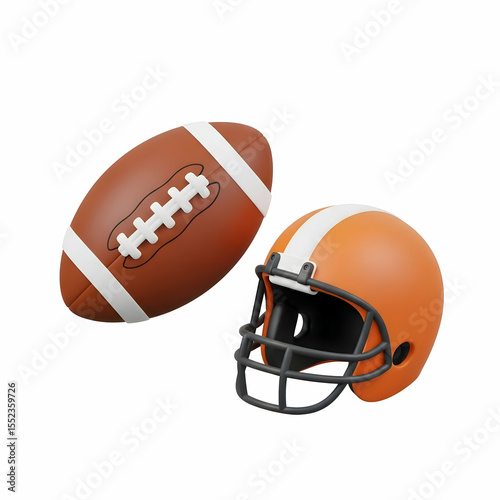 American football ball and helmet set against a plain white background