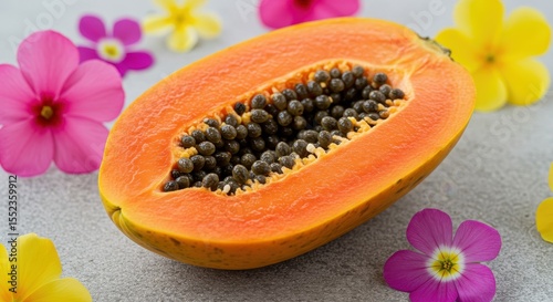 Fresh Papaya with Orange Flesh and Black Seeds Surrounded by Colorful Flowers on a Gray Surface