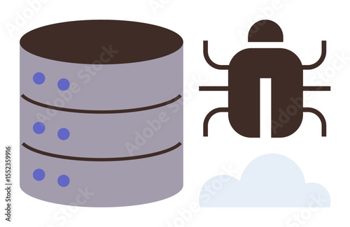 Stack of database servers beside a bug illustration and a cloud shape, conveying digital security risks. Ideal for data management, cybersecurity, technology, IT systems, online safety, software