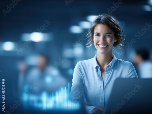 Joyful young businesswoman with short brown hair smiling and working on a laptop in a modern office environment with a blurred background and digital graph overlays