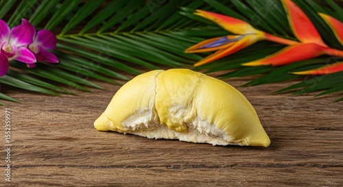 Fresh tropical durian fruit on wooden table with vibrant tropical leaves and colorful flowers in the background