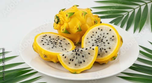 Fresh Yellow Dragon Fruit Slices on Plate Surrounded by Green Palm Leaves for Healthy Eating Concept