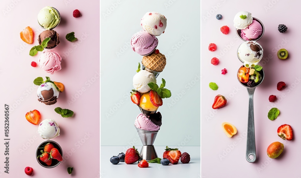 Fototapeta premium Set of images of ie cream scoops. Artistic food presentation. Berry and fruit cold dessert. Ice balls. Promotional, advertisement photo. Food as an art object, sculptures. Levitation.