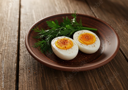 Freshly Cooked Soft Boiled Eggs with Spices and Sprigs of Parsley on a Wooden Table, Perfect for Breakfast or Snack Ideas